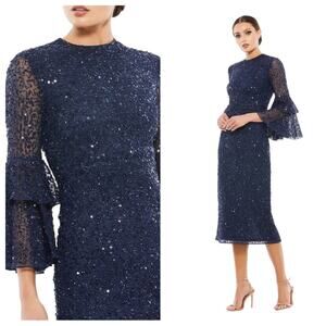 NWT MAC DUGGAL 10802 Navy Fully Sequined Ruffle Tiered 3/4 Sleeve Midi Dress